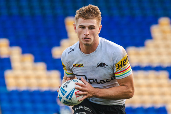 Penrith Panthers five-eighth Jack Cole during an opposed session with Warrington.
