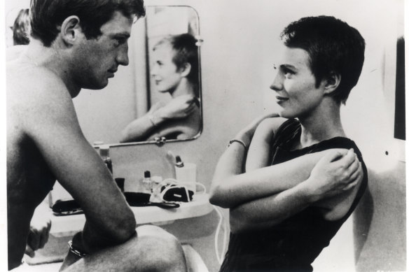 Jean Paul Belmondo and Jean Seberg acting in a scene from Jean-Luc Godard’s 1960 film Breathless.