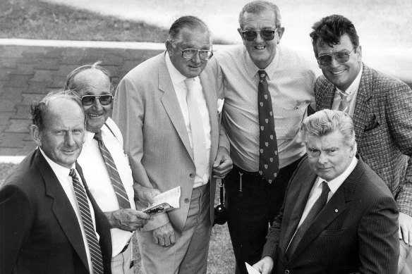 Racing identities Bill Casey, Keith Robbins, Bert Lillye, Jack Ward, Max Presnell and Bart Cummings at Rosehill.