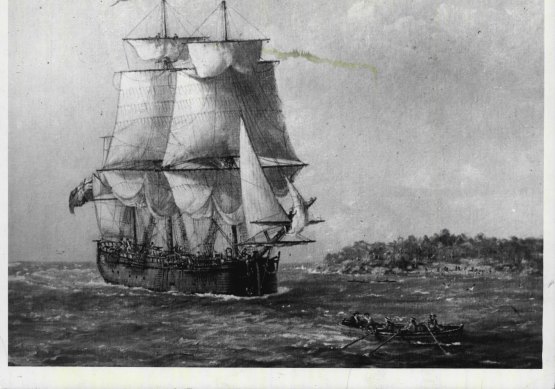 A painting by John Alcott of Captain Cook’s HMB Endeavour entering Botany Bay .