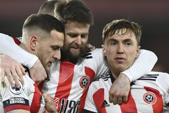 Sheffield United players celebrate the winning goal against Newcastle United in January this year. Their sponsor is now in liquidation. 