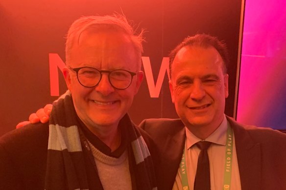 Anthony Albanese and Peter V’landys inside the NRL chairman’s suite at the first State of Origin game last year.