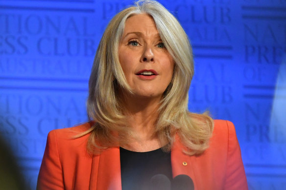 Former journalist Tracey Spicer at the National Press Club in Canberra.