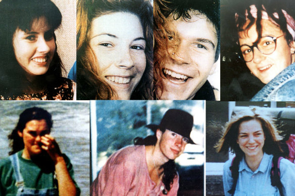 The backpackers murdered by Ivan Milat. Pictured are (from top L to R) Deborah Everist, Anja Habschied, Gabor Neugebauer, Simone Schmidl; (bottom L to R) Joanne Walters, James Gibson, and Caroline Clarke. 