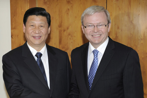 China's then vice-president Xi Jinping with prime minister Kevin Rudd at Parliament House in Canberra in 2010. 
