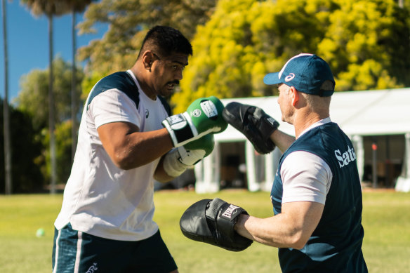 Will Skelton hits the mitts after arriving at the Gold Coast for the Wallabies.