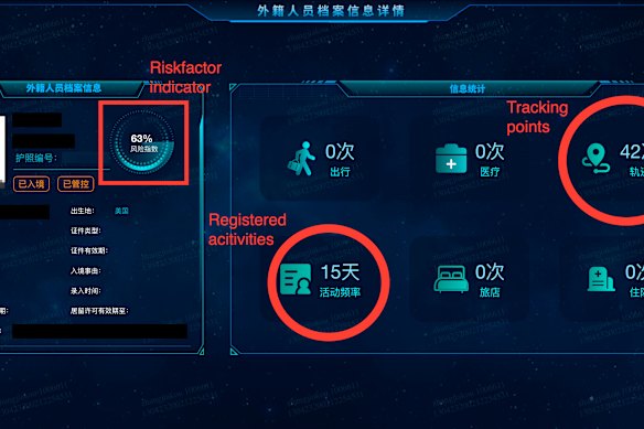 A profile of a foreigner captured in a Chinese policing “test” database, tracking their movements, including hotel information and hospital visits.