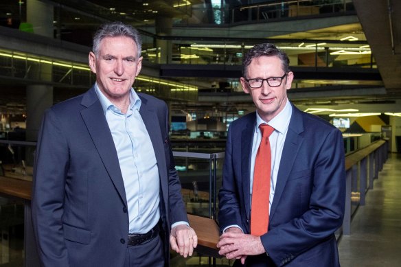 NAB chief executive Ross McEwan (left) and Assistant Treasurer Stephen Jones say consumers and companies need to take accountability for scams.