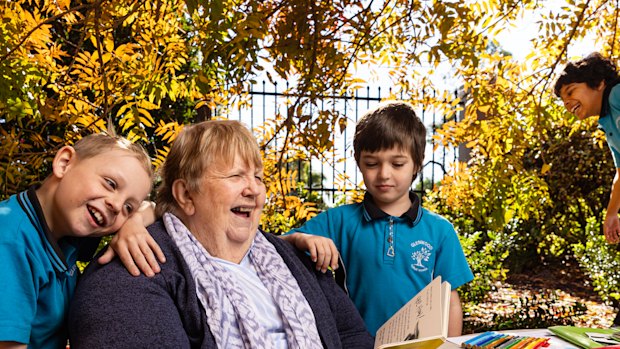 Resident and former teacher 
Christine Wright with Isaac Morrison, Jonathon Bateman and Tracian Ghirocian at Whiddon Easton Park retirement centre, in Glenfield. They love visiting their grandbuddy Christine.