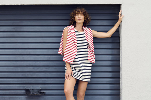 Matteau shift dress, $360, and breton top, $300. Longchamp x K.Jacques sandals, $660.  