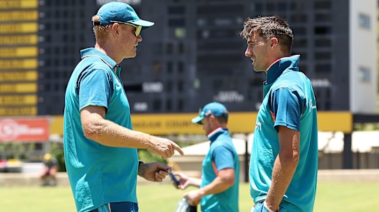 Andrew McDonald and Pat Cummins at training at the WACA on Sunday.