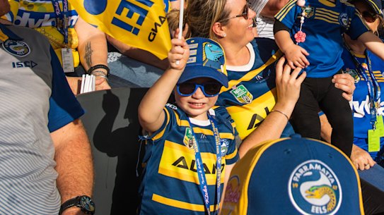 Parramatta fans rise up to the rafters in  the Eels' first home game in Bankwest Stadium.