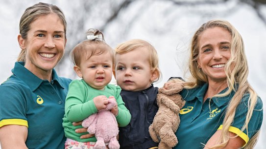 Jessica Stenson with Ellie (eight months), Genevieve Gregson with Archer (1 year old).