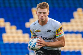 Penrith Panthers five-eighth Jack Cole during an opposed session with Warrington.