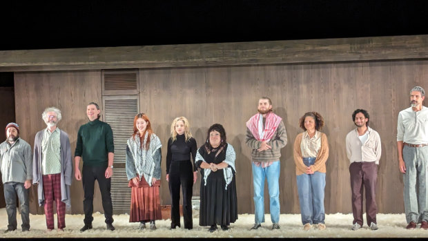 Sydney Theatre Company cast members of The Seagull take a curtain call wearing keffiyehs.