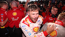 Brodie Kostecki driver of the #17 Shell V-Power Racing Team Ford Mustang GT celebrates after winning the Repco Bathurst 1000.