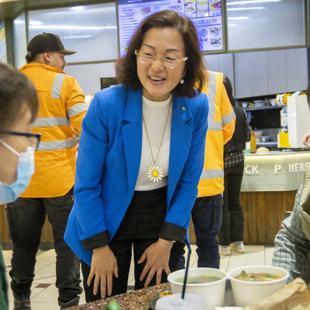 Gladys Liu campaigning in Box Hill shopping centre in April. She lost her seat at the election.