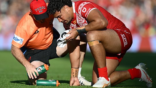 Eli Katoa struggles during the match at Eden Park.