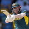 Australia’s David Warner plays a shot against England during the ICC Men’s T20 World Cup.