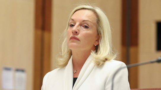 Christine Holgate takes her seat at the start of a hearing on Australia Post on Tuesday.