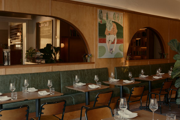 The modern, mirrored dining room.
