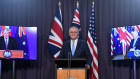 Scott Morrison at a virtual joint press conference unveiling AUKUS with British Prime Minister Boris Johnson and US President Joe Biden.