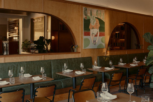 The modern, mirrored dining room at Earth Angels.