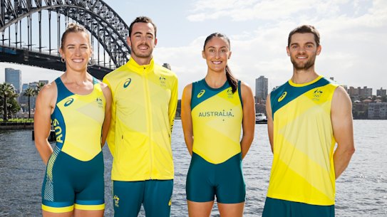 Lucy Stephan, Jake Birtwhistle, Katie Ebzery and Tom O’Halloran pose during Australia’s Olympic team uniform launch.