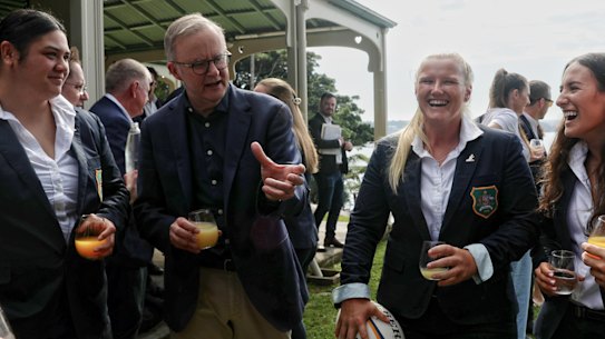 Prime Minister Anthony Albanese welcomes the Wallaroos players at Kirribilli House on Saturday, February 11, 2023. Photo: Nikki Short / The Sydney Morning Herald