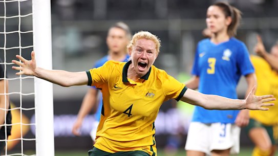 Clare Polkinghorne opens the scoring against Brazil.