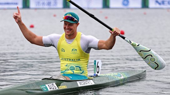 Curtis McGrath celebrates winning gold in Tokyo.