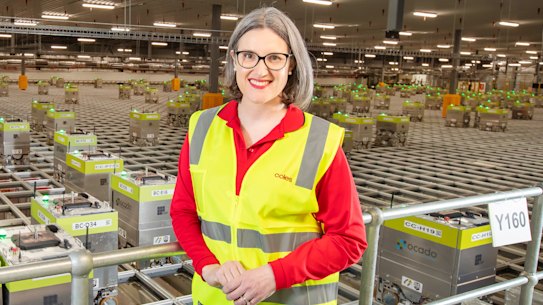 Coles chief executive Leah Weckert unveils the customer fulfilment centre in Truganina, Victoria.