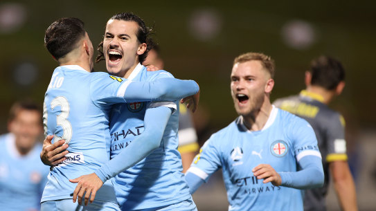 Stefan Colakovski celebrates his opening goal for Melbourne City.
