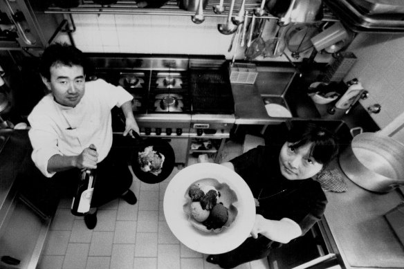 Tetsuya Wakuda and his then wife, Pauline, in their original Rozelle kitchen in 1989.