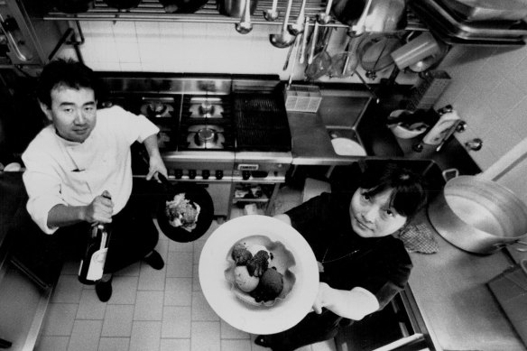 Tetsuya Wakuda and his then wife, Pauline, in their original Rozelle kitchen in 1989.