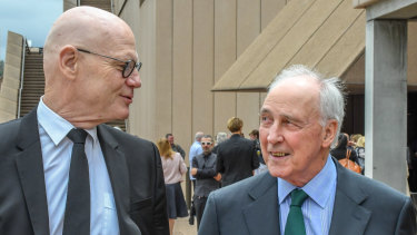 Former prime minister Paul Keating, right, and his former adviser Don Russell arrive at the state memorial service for Clean Up Australia founder Ian Kiernan at the Sydney Opera House.
