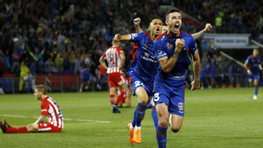 Grand final bound: Jason Hoffman scores the winner over Melbourne City on Friday night. 