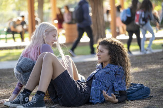 Zendaya, right, and Hunter Schafer in a scene from the new season of Euphoria.