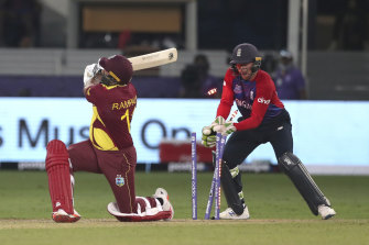 Ravi Pampaul is clean bowled by England’s Adil Rasid as the West Indies post just 55 runs in their World Cup opener.