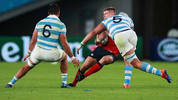 Tomas Lavanini of Argentina was sent off and banned for four weeks for this high shot on England's Owen Farrell.
