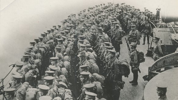 Australian troops on the deck of the battleship Prince of Wales in Mudros Harbour.