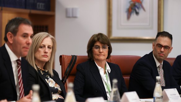 Finance Minister Katy Gallagher (second from left) at the government’s Economic Round Table this morning.
