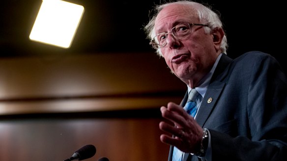 Senator Bernie Sanders speaks at a news conference on Capitol Hill in Washington.