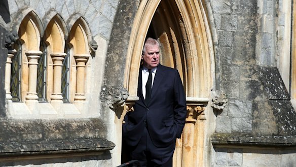 Prince Andrew emerges from the Royal Chapel of All Saints.