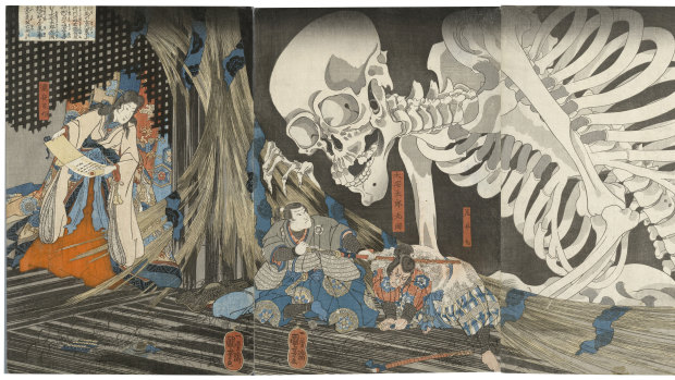 Utagawa Kuniyoshi's Mitsukuni defies the skeleton spectre conjured up by Princess Takiyasha (1845–46).