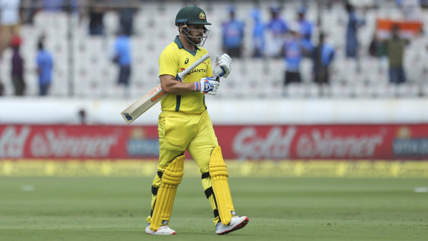 Long walk: Aaron Finch heads back to the  dressing room after his dismissal.