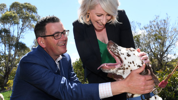 Victorian Premier Daniel Andrews (left) and his wife Catherine at the Doug Denyer reserve in Mordialloc. 