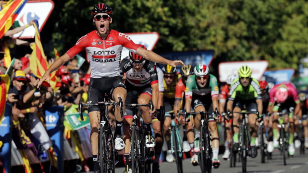 Belgium's Jelle Wallays celebrates his stage win in the Vuelta.