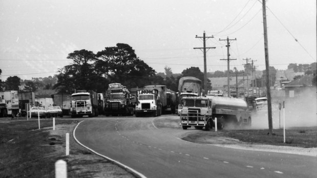 Trucks block the Hume Highway, near Kalkallo.