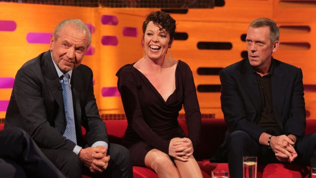 From left, Lord Alan Sugar,  Olivia Colman and Hugh Laurie on "The Graham Norton Show" in 2013.